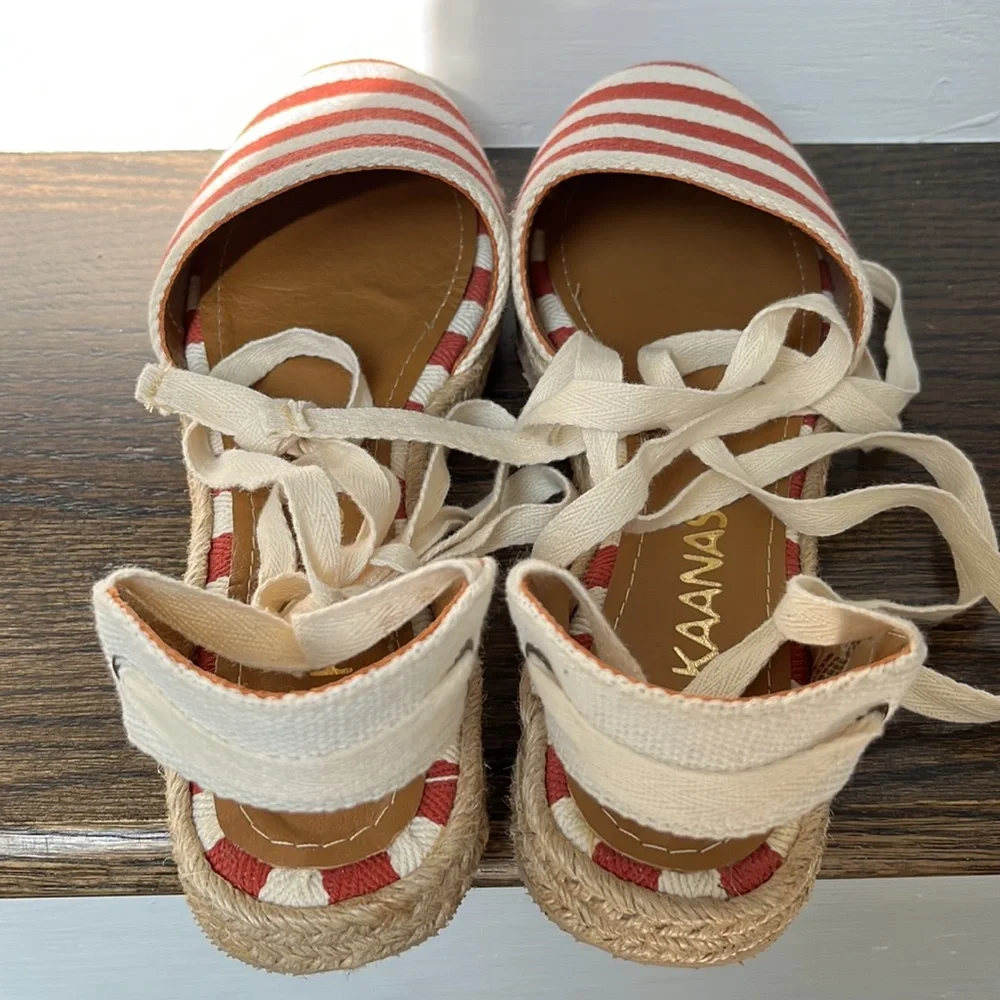 Kaanas by Anthropologie Espadrilles Red Stripe Lace Up Cotton Leather Lined - Picture 4 of 6